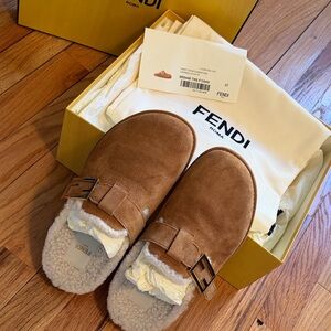 Fendi Tan Shearling Buckle Mules